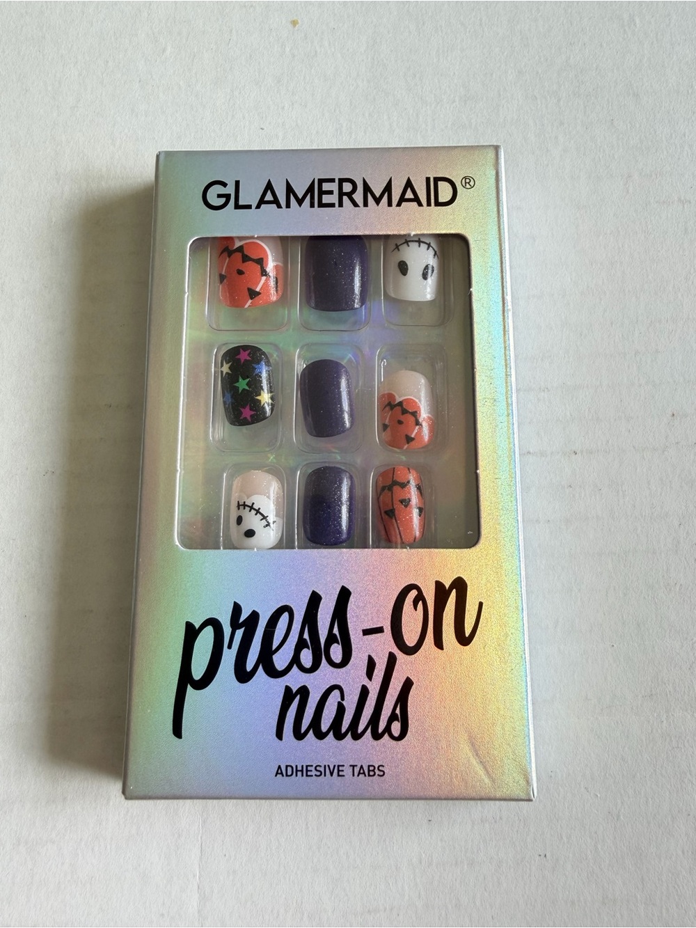 NIB Glamermaid Halloween Press-on Nails Pumpkin Orange Stars Purple Squoval